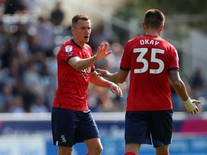 HUDDERSFIELD, ENGLAND - AUGUST 27: Jed Wallace of West Bromwich Albion celebrates with Okay Yokuslu of West Bromwich Albion after scoring a goal to make it 1-2 during the Sky Bet Championship between Huddersfield Town and West Bromwich Albion at John Smith's Stadium on August 27, 2022 in Huddersfield, United Kingdom. (Photo by Adam Fradgley/West Bromwich Albion FC via Getty Images).