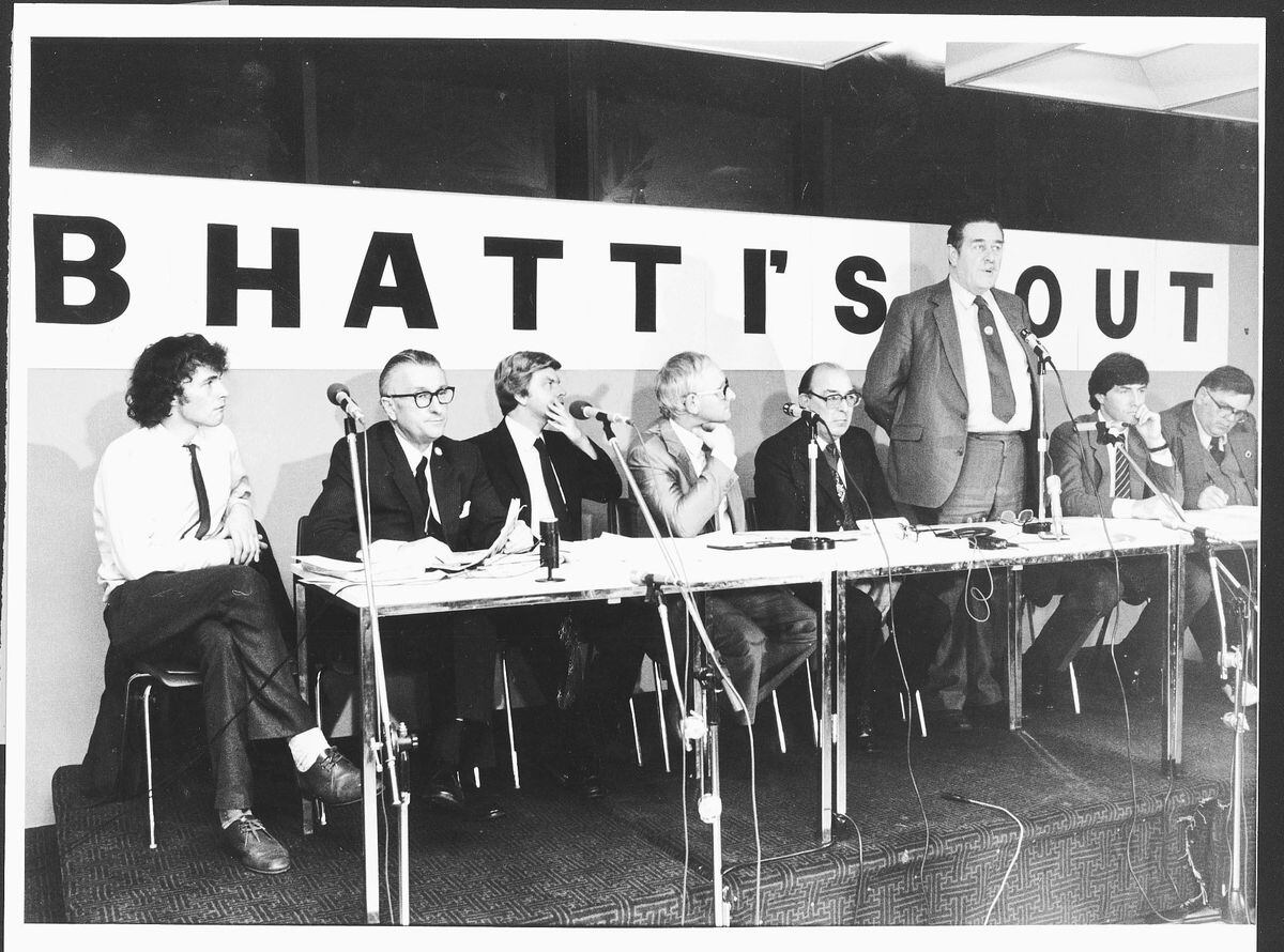 Peter Creed, second left at a meeting calling for action to remove the Bhatti brothers from Wolves in October, 1985. Speaking was then council leader John Bird, and former Wolves star John Richards can be seen second from right.