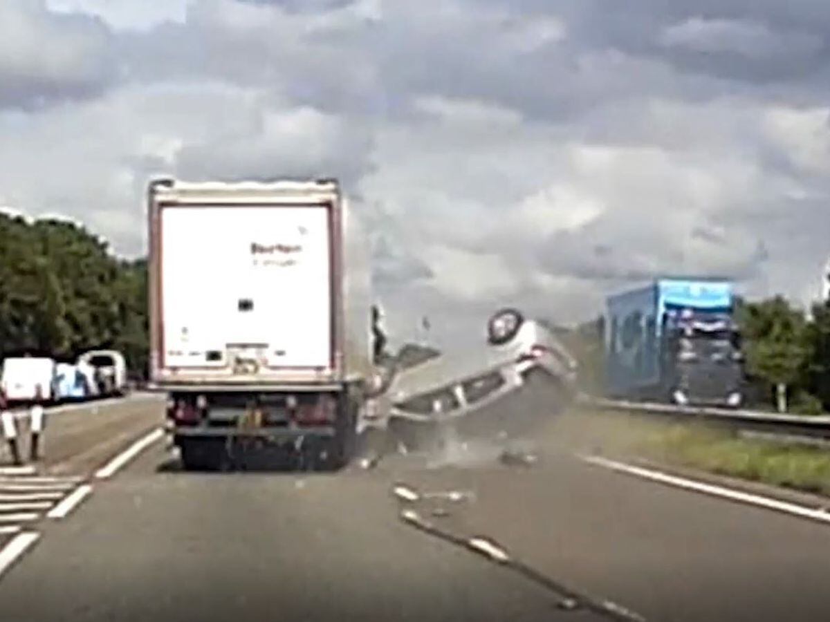 Dashcam showing a drink driver crashing into a lorry last year. Image: Derbyshire Police