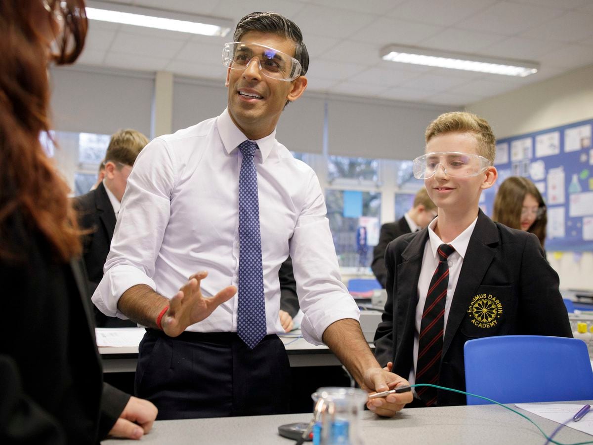 Prime Minister Rishi Sunak during a visit to a chemistry class at Erasmus Darwin Academy in Burntwood