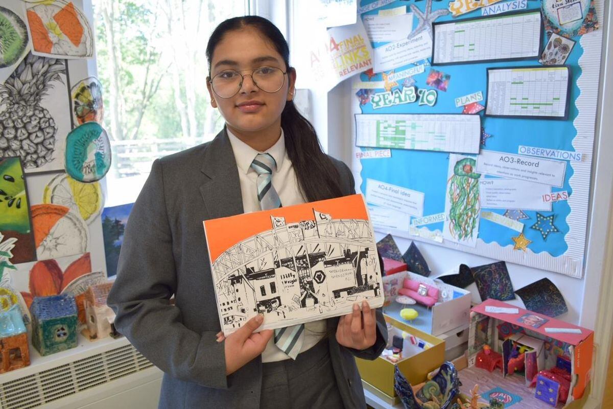 Angelpreet Singh from Colton Hills Community School with her work, a sketch of Wolves football ground.
