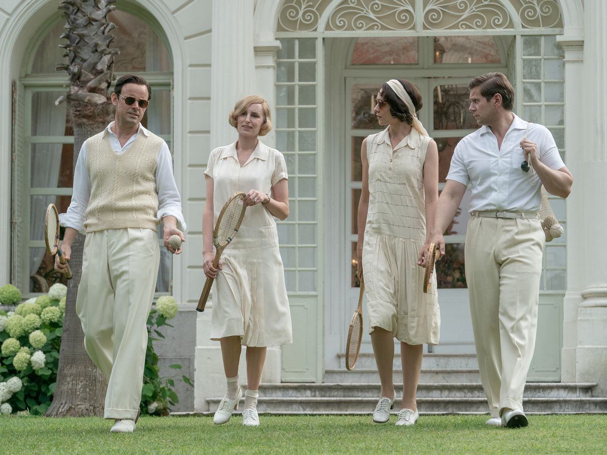 From left, Harry Hadden-Paton stars as Bertie Pelham, Laura Carmichael as Lady Edith, Tuppence Middleton as Lucy Smith and Allen Leech as Tom Branson