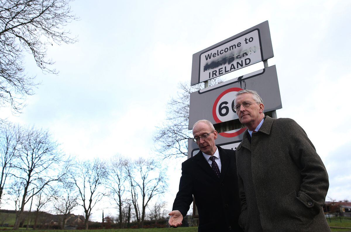 Hillary Benn (right), Chair of The House of Commons' Brexit Committee, and Pat McFadden MP at the border between Northern Ireland and the Republic of Ireland in Midd