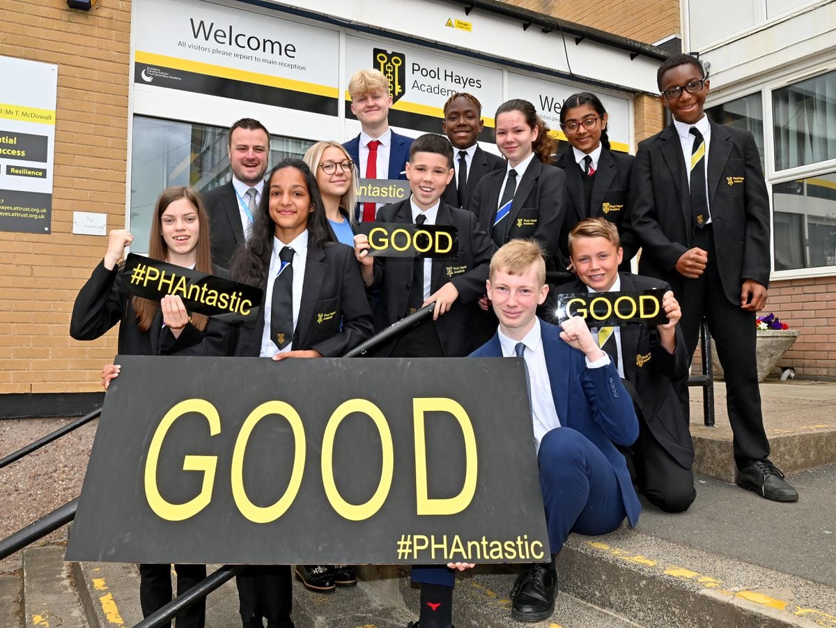 Pool Hayes Academy, Willenhall, is celebrating its  best ever Ofsted report. Pictured at the back is principal Tom McDowall with students.