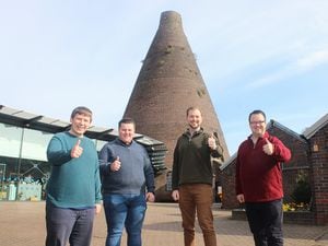 Councillor Simon Phipps, election candidate Ben Corfield, Councillor Adam Davies and Mike Wood MP outside the Red House Glass Cone.