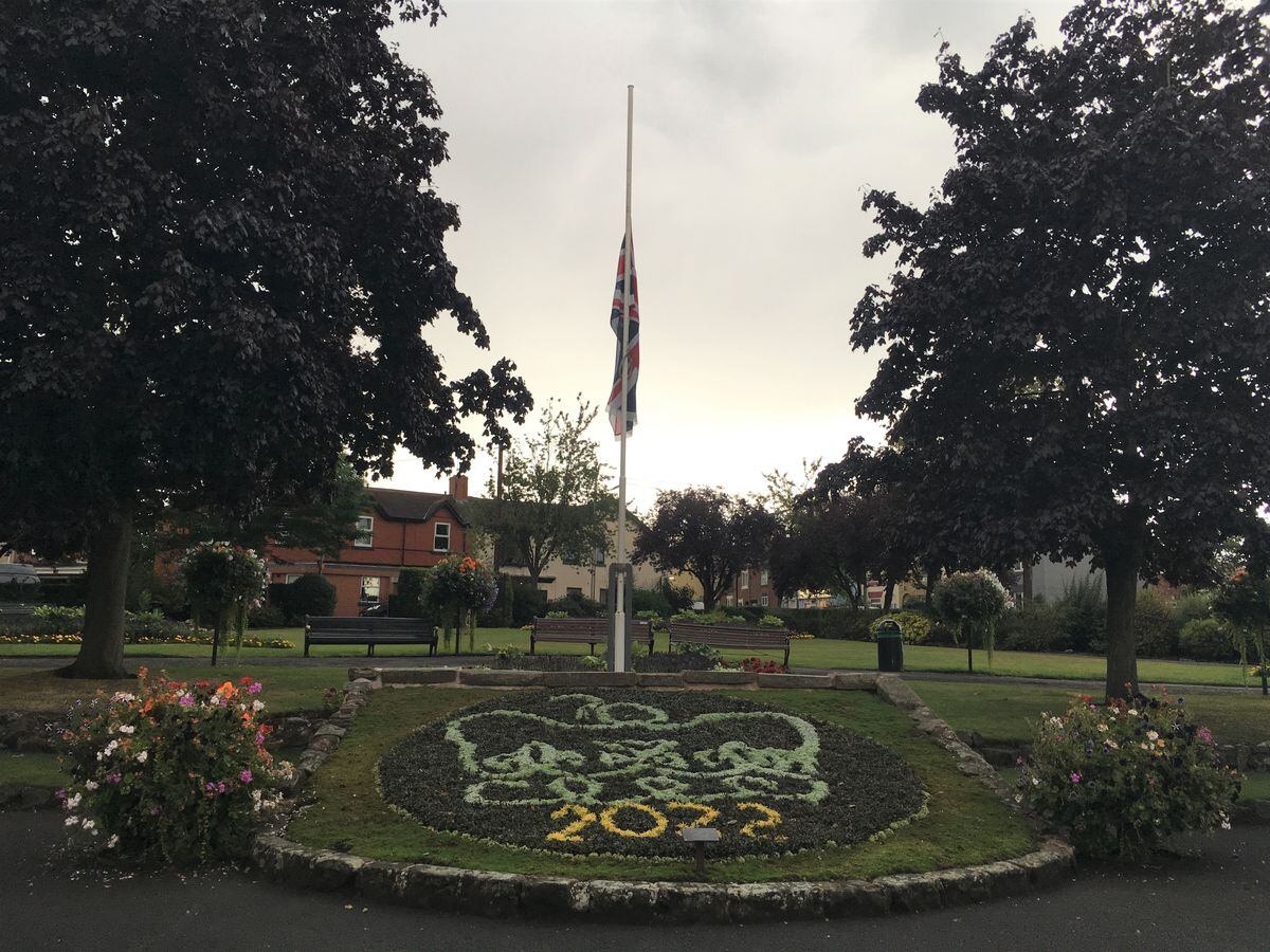 The Union Flag at half mast in Stonefield Park, Stone