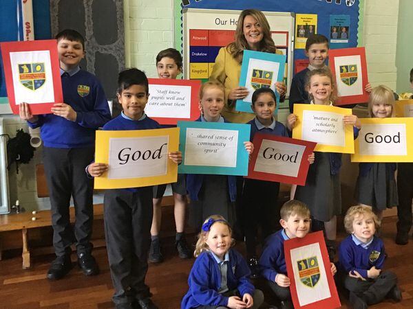 Wolverley Sebright Primary Academy headteacher Shelley Reeves-Walters and pupils celebrating Ofsted success