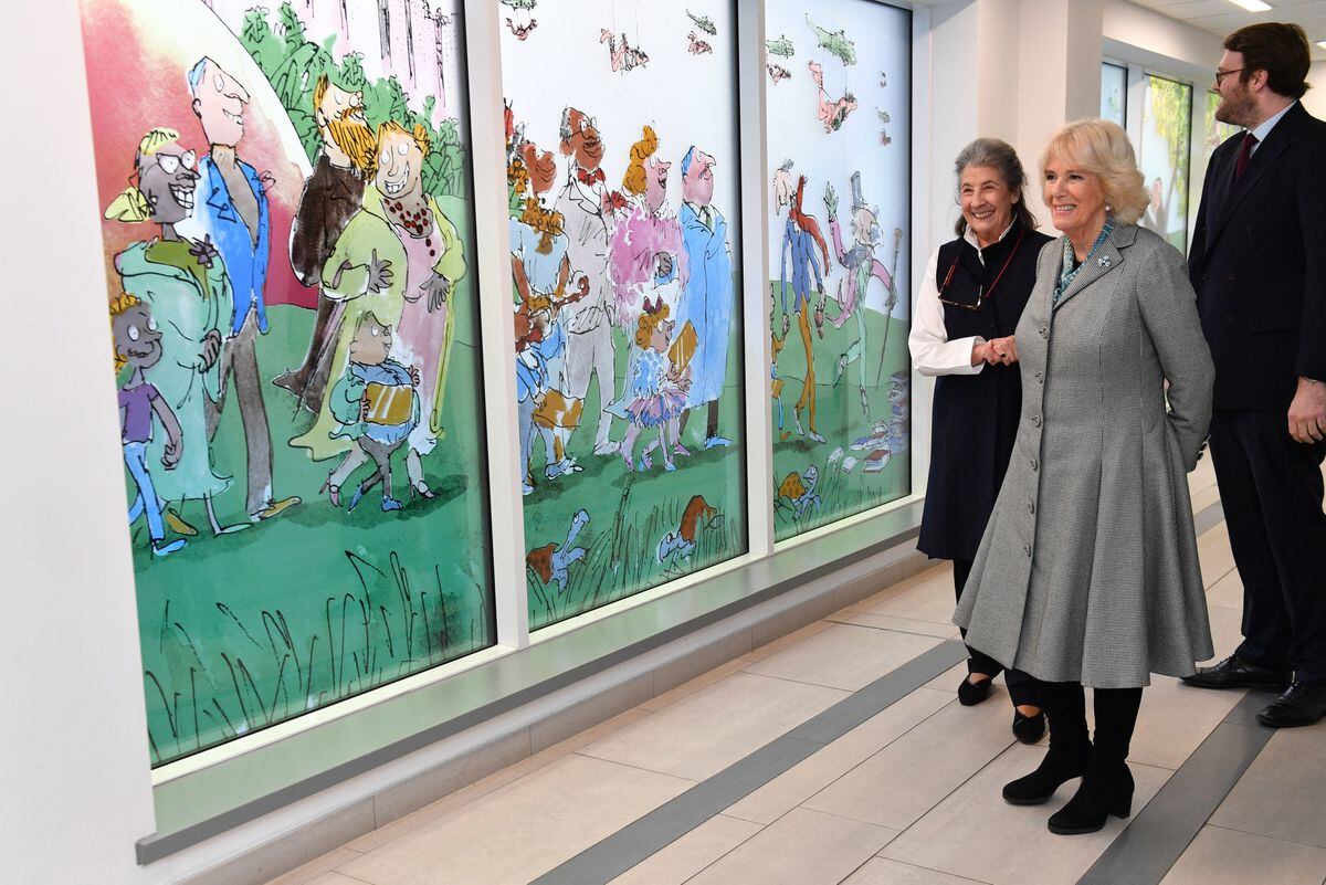 The Duchess of Cornwall with Felicity Dahl (left) on a visit to Birmingham Children's Hospital