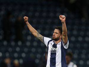 Okay Yokuslu celebrates the 1-0 win with the West Bromwich Albion Fans after the Sky Bet Championship between West Bromwich Albion and Blackpool at The Hawthorns on November 1, 2022 in West Bromwich, United Kingdom. (Photo by Adam Fradgley/West Bromwich Albion FC via Getty Images).