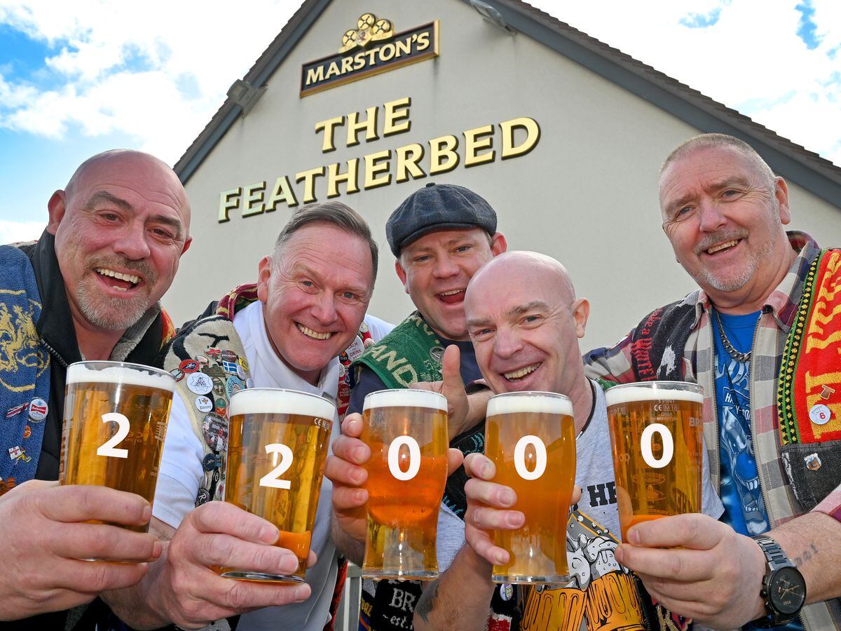 The Black Country Ale Tairsters visit their 22,000th pub – The Featherbed in Shrewsbury. From left are, Mark Abraham, Pete Hill, Greg Thickett, Lionel Randall and Wayne Hill.