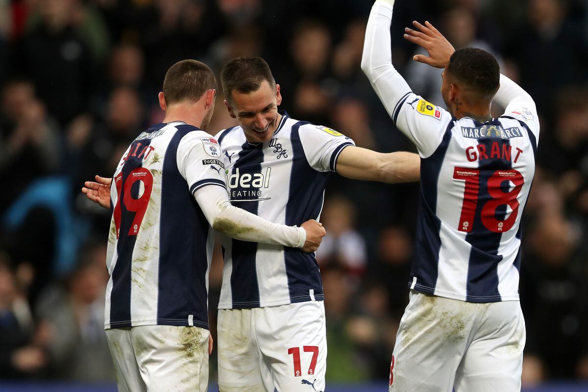  Jed Wallace celebrates with Karlan Grant and John Swift (Photo by Adam Fradgley/West Bromwich Albion FC via Getty Images).