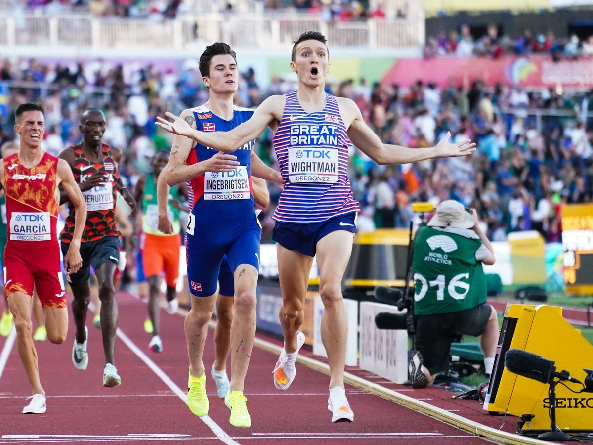Great Britain’s Jake Wightman crosses the line to win the 1500m in Eugene