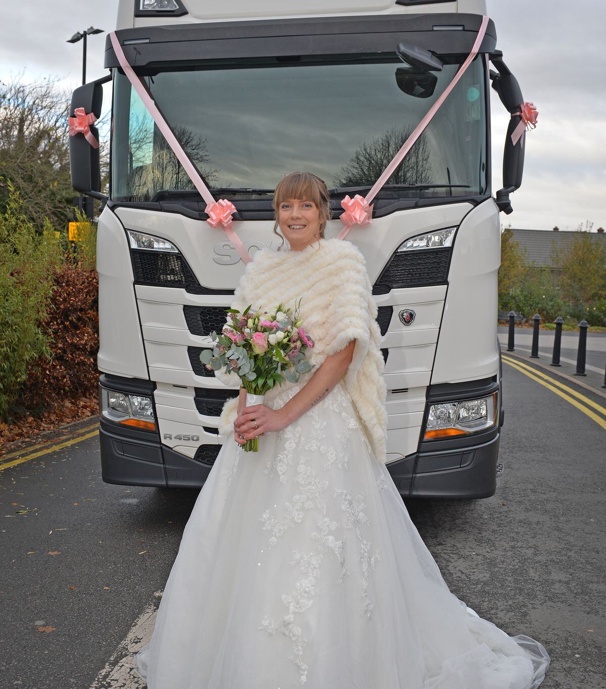 Georgina Clarke in front of the lorry she arrived in