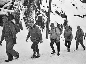 Temperature was low for this party on trek in the Llanberis pass when out from The Towers in November 19, 1962. Image: Express & Star/R. Mantle