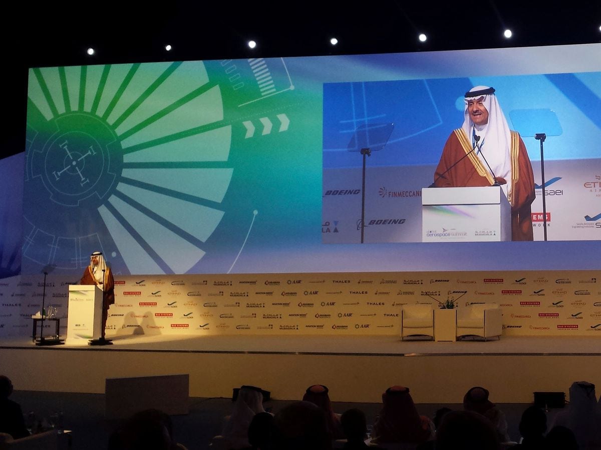 Saudi Arabia’s Prince Sultan bin Salman talks at the Global Aerospace Summit in Abu Dhabi in 2016