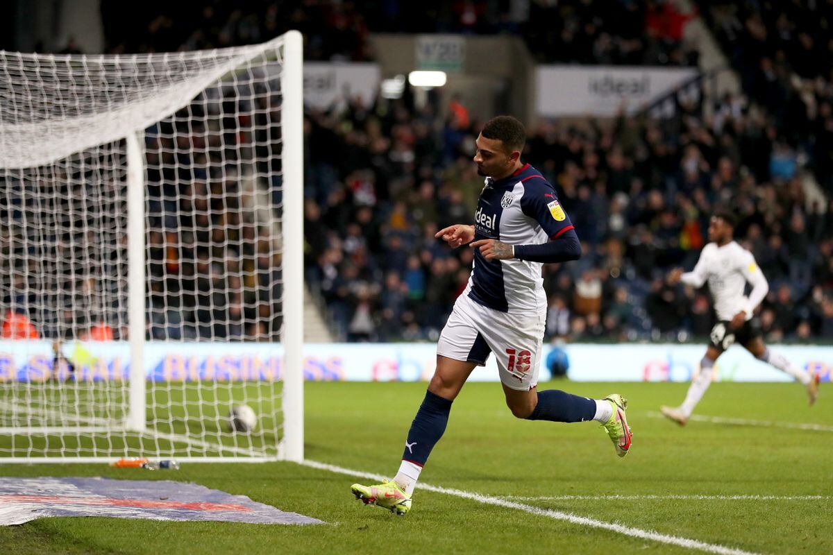 Karlan Grant scores a goal to make it 2-0 against Peterborough (Photo by Adam Fradgley/West Bromwich Albion FC via Getty Images).