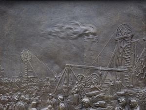 COPYRIGHT TIM STURGESS EXPRESS AND STAR 18/03/03                                                                                                                      A scene depicting the Pelsall Hall colliery disaster of 1872 on the sister Dora statue , Walsall town centre.