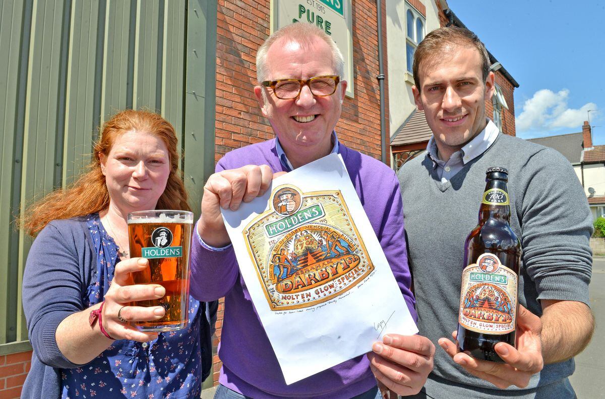 Holden's Director Abi Kemp, MP Ian Austin and Councillor Keiran Casey as they launch the brand new Abraham Darby ale at Holdens Brewery