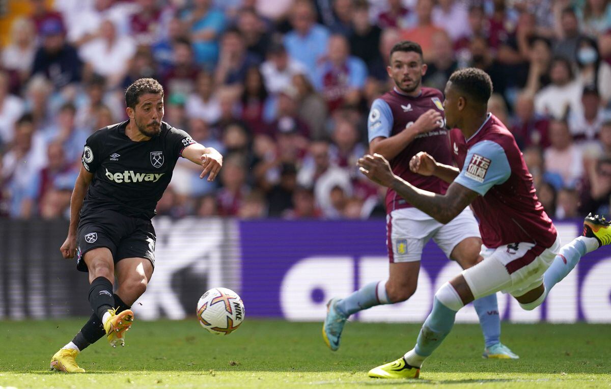 West Ham United's Pablo Fornals scores their side's first goal of the game during the Premier League match at Villa Park, Birmingham. Picture date: Sunday August 28, 2022. PA Photo. See PA story SOCCER Villa. Photo credit should read: Nick Potts/PA Wire...RESTRICTIONS: EDITORIAL USE ONLY No use with unauthorised audio, video, data, fixture lists, club/league logos or "live" services. Online in-match use limited to 120 images, no video emulation. No use in betting, games or single club/league/player publications..