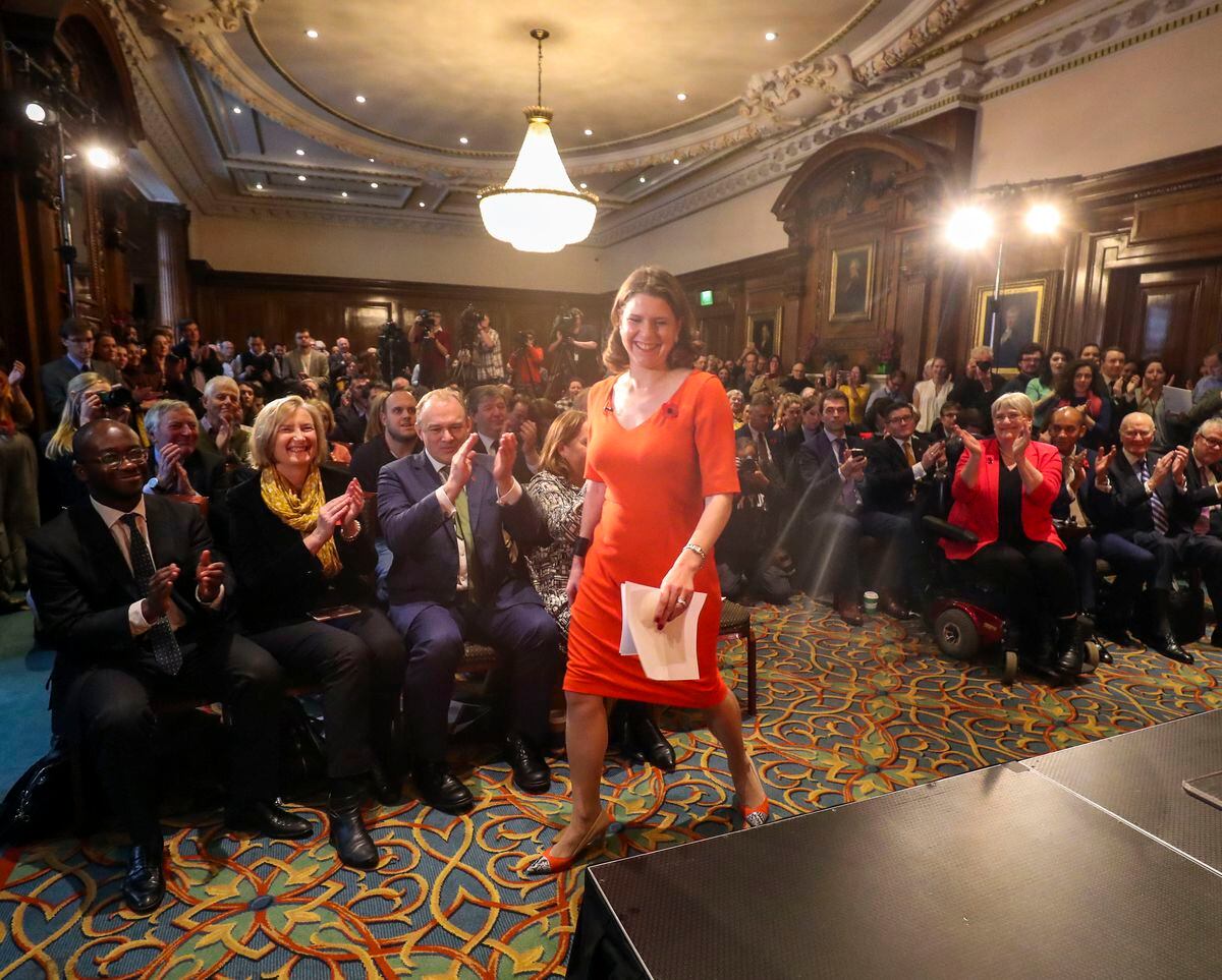Leader Jo Swinson makes her way to the stage prior to speaking at the launch the Liberal Democrat General Election campaign in London