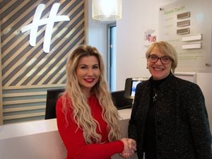 Ewelina Tomiszczak, Commercial Director for Holiday Inn Birmingham Airport, celebrates with Lisa Jobins, Regional Partnerships Sales Executive for the NEC Group