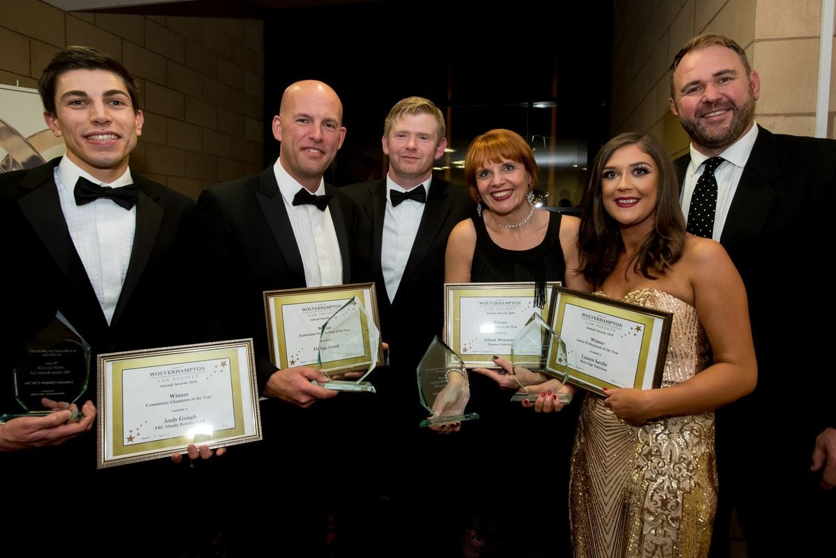 From L-R: Winners Andy Gough, James Coles representing George Green Solicitors, Wolverhampton Law Society president Gareth Ruddock, Alison Westwood, Lauren Saville and guest speaker Scott Quinnell.