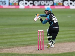 Worcestershire Rapids' Ed Barnard hits out to end the innings during the Vitality T20 Blast match at the New Road, Worcester. Picture date: Wednesday June 9, 2021..
