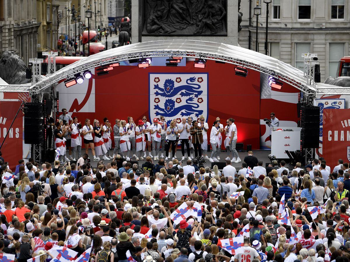 The England team on stage during a fan celebration to commemorate England’s historic Uefa Women’s Euro 2022 triumph in Trafalgar Square, London