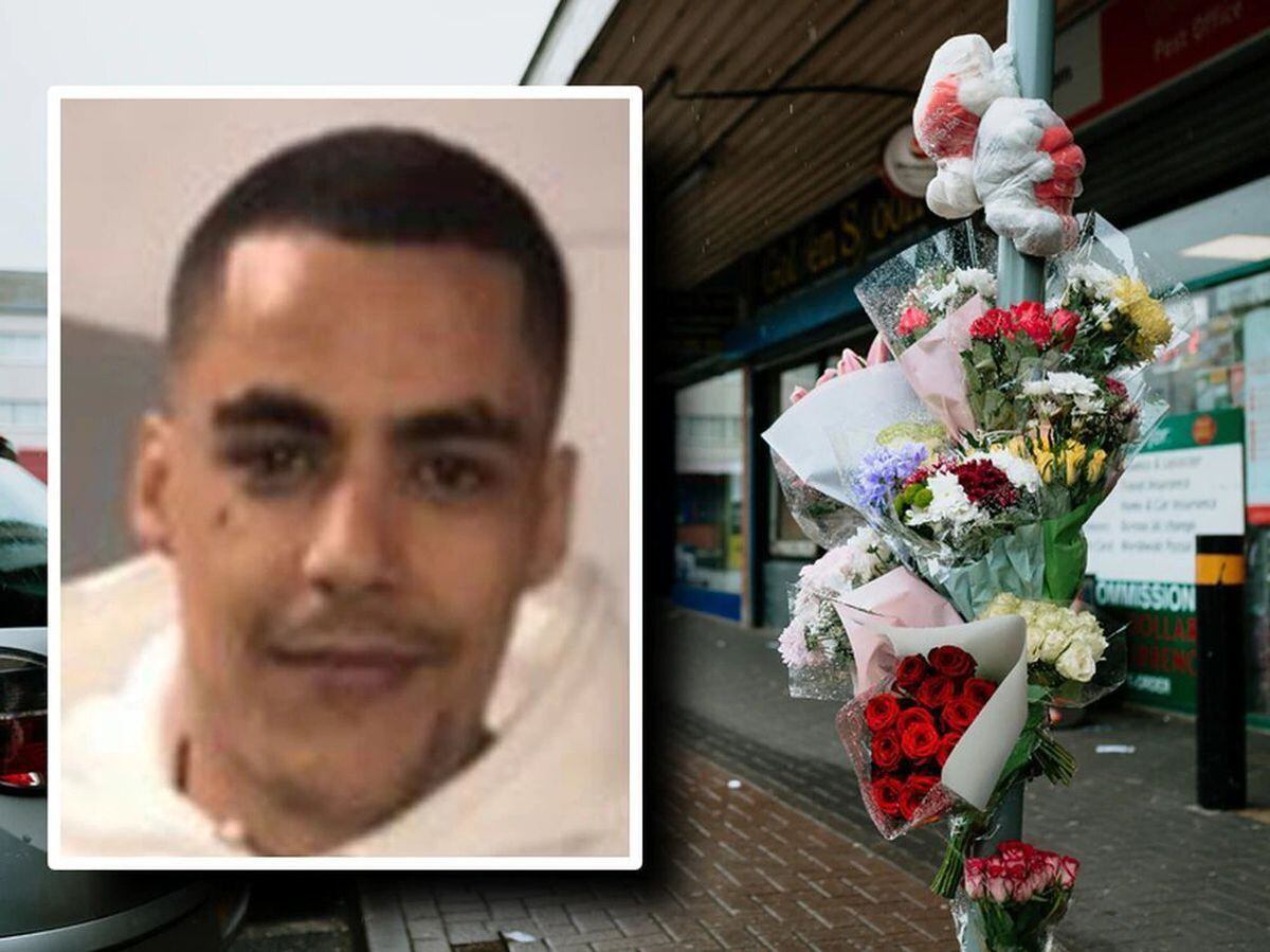 Tributes at West Cross Shopping Centre where Karl Gallagher, inset, was killed