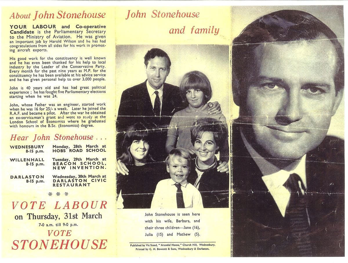 An election campaign leaflet from 1966 showing John Stonehouse with his wife Barbara and their three children (Courtesy of Ian Payne)