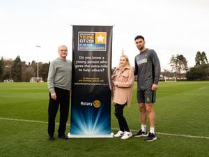 Vice chairman Mel Eves with last year’s runner up Emma Falconer and Wolves defender Max Kilman