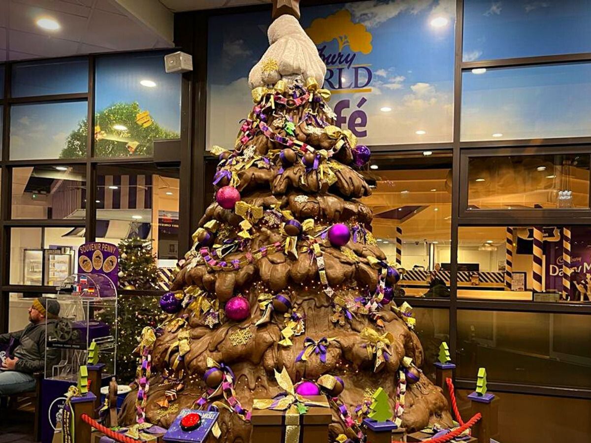 A chocolate-coloured Christmas tree just inside the Cadbury World entrance. 