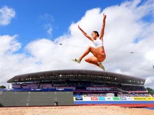               England's Katarina Johnson-Thompson in action during the Long Jump element of the Women's Heptathlon at Alexander Stadium on day six of the 2022 Commonwealth Games in Birmingham