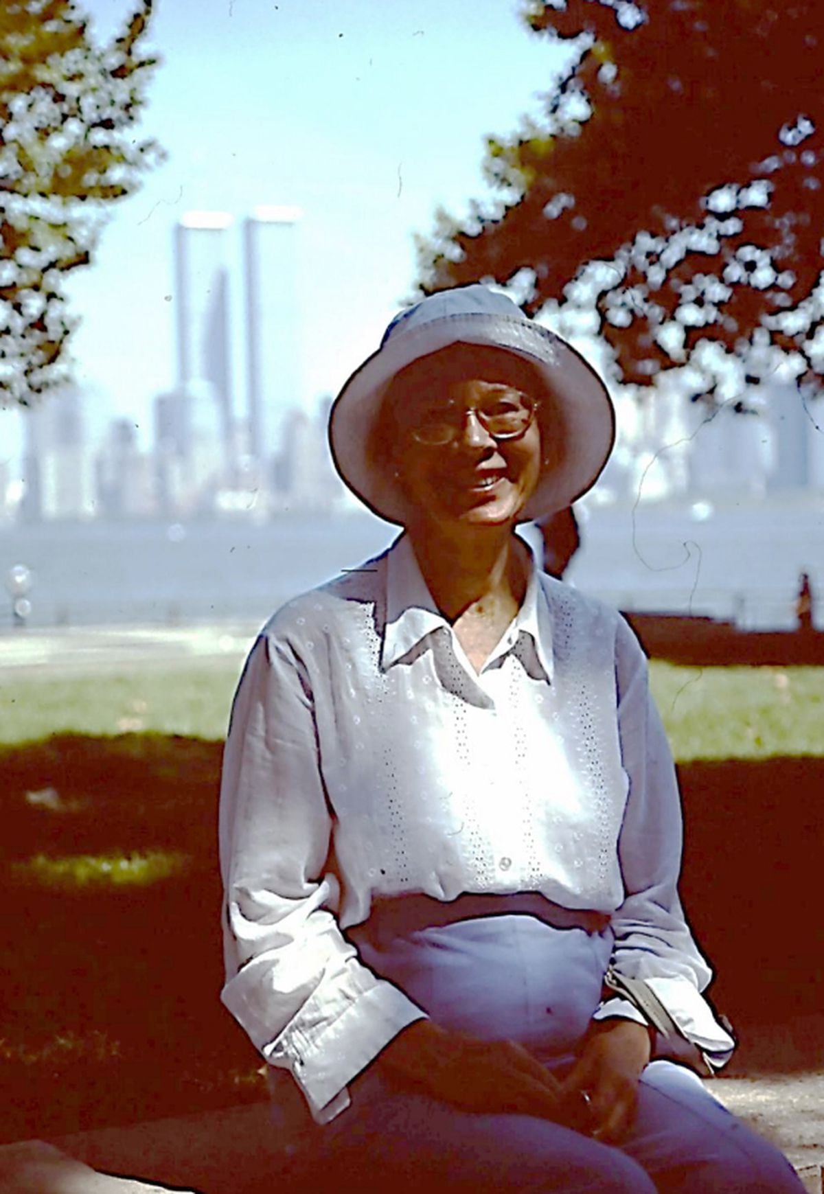 Orleana Cattell of Wolverhampton during her New York trip in September 2001, with the twin towers in the background.