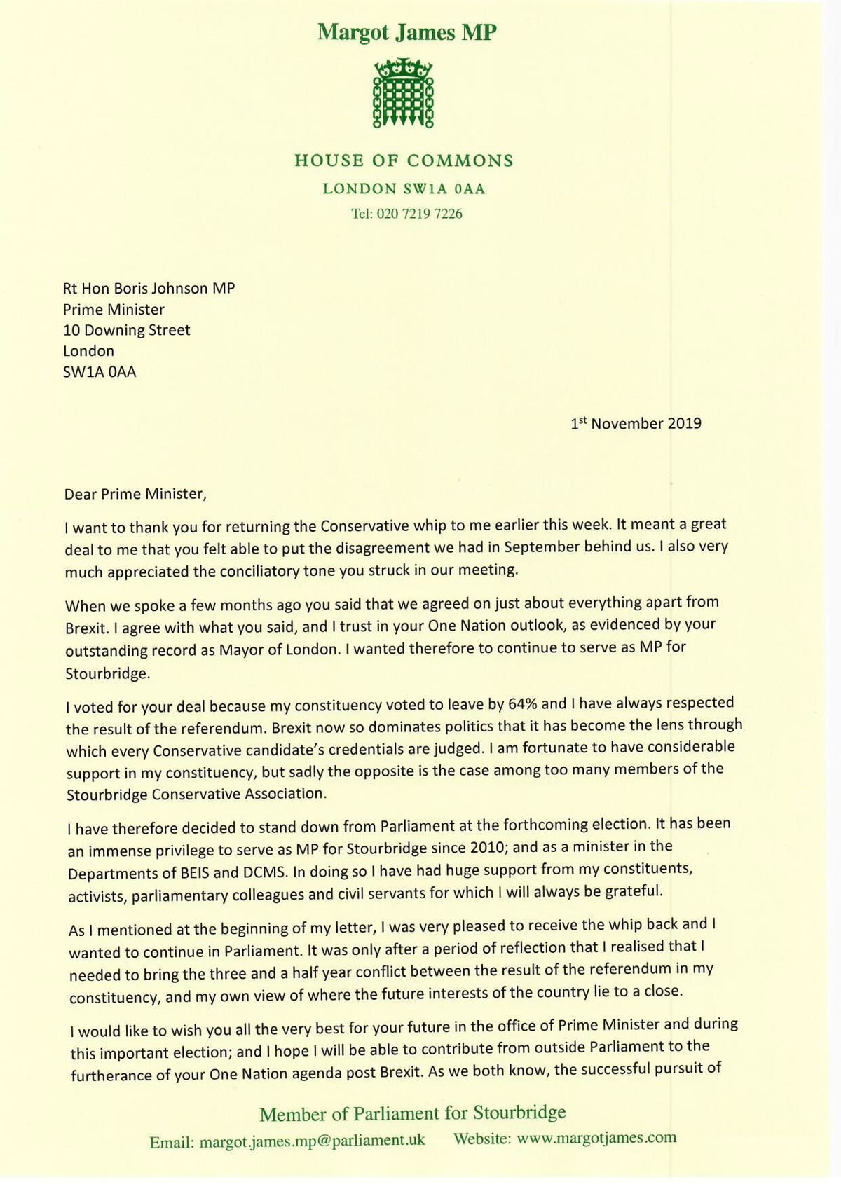 Margot James' letter to Boris Johnson