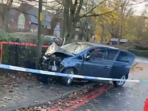 The crashed Vauxhall Corsa in Park Road, Bloxwich