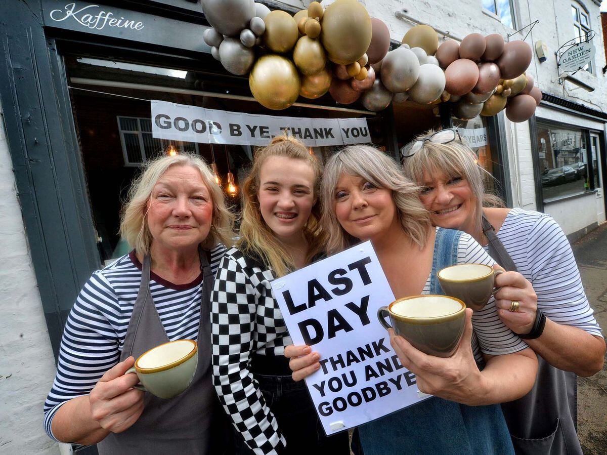 Amanda Russell, second right, has owned Kaffeine for 10 years. On the cafe's last day, she was joined by Britain's Got Talent star and fan Eva Abley, who gave a speech. Staff in the photo are Jayne Russon, left, and Sharon Lock, right
