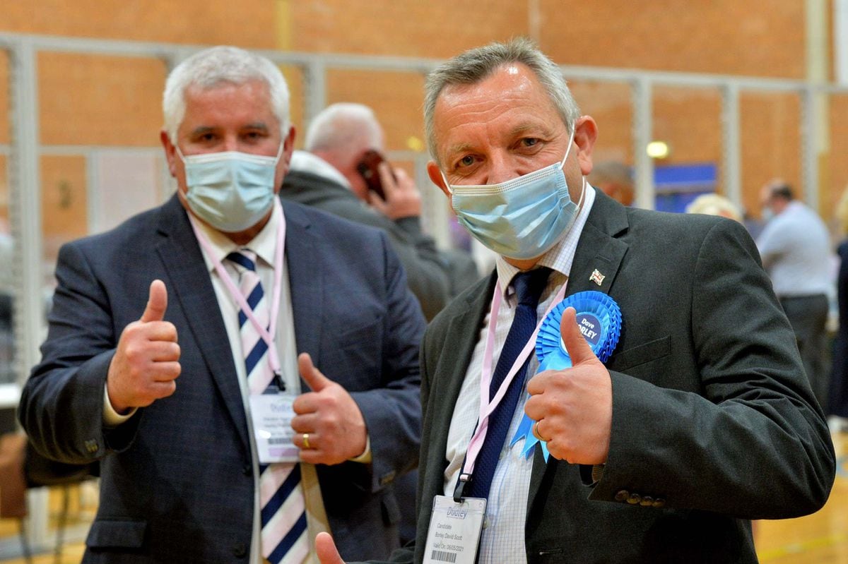 Patrick Harley (left) with newly elected Lye councillor Dave Borley at the count in Stourbridge last week