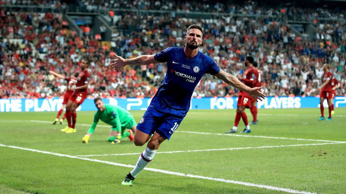 Chelsea's Olivier Giroud celebrates scoring his side's first goal of the game during the UEFA Super Cup Final (Peter Byrne/PA Wire)
