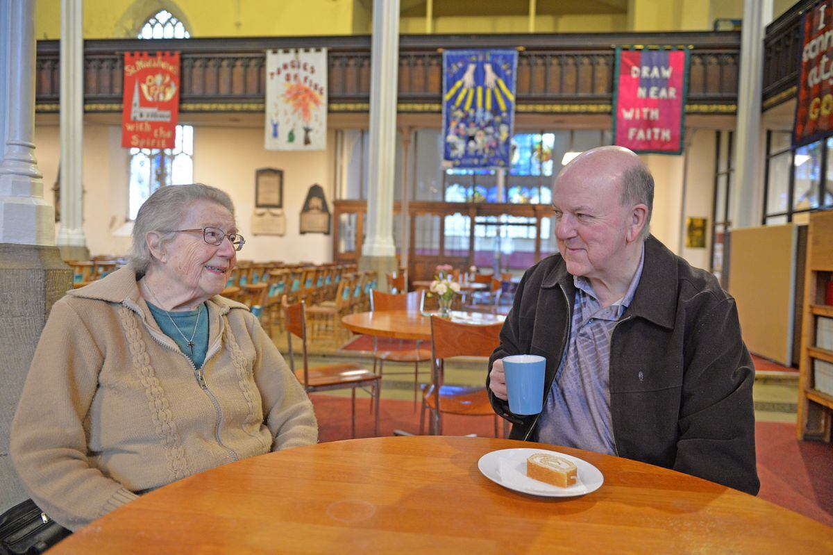 Pat Blewitt and visitor Bryn Evans enjoy a chat at St Matthew's