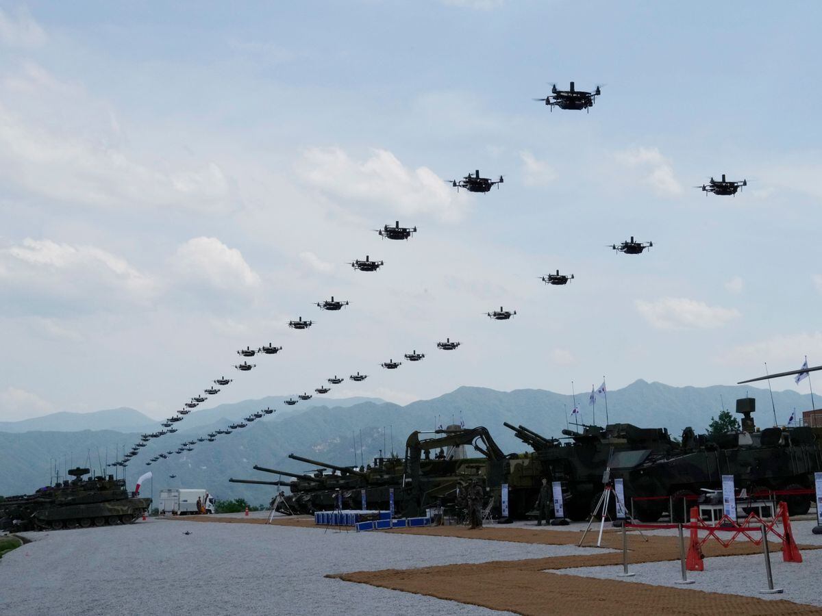 The South Korean army’s drones fly during South Korea-US joint military drills at Seungjin Fire Training Field in Pocheon, South Korea