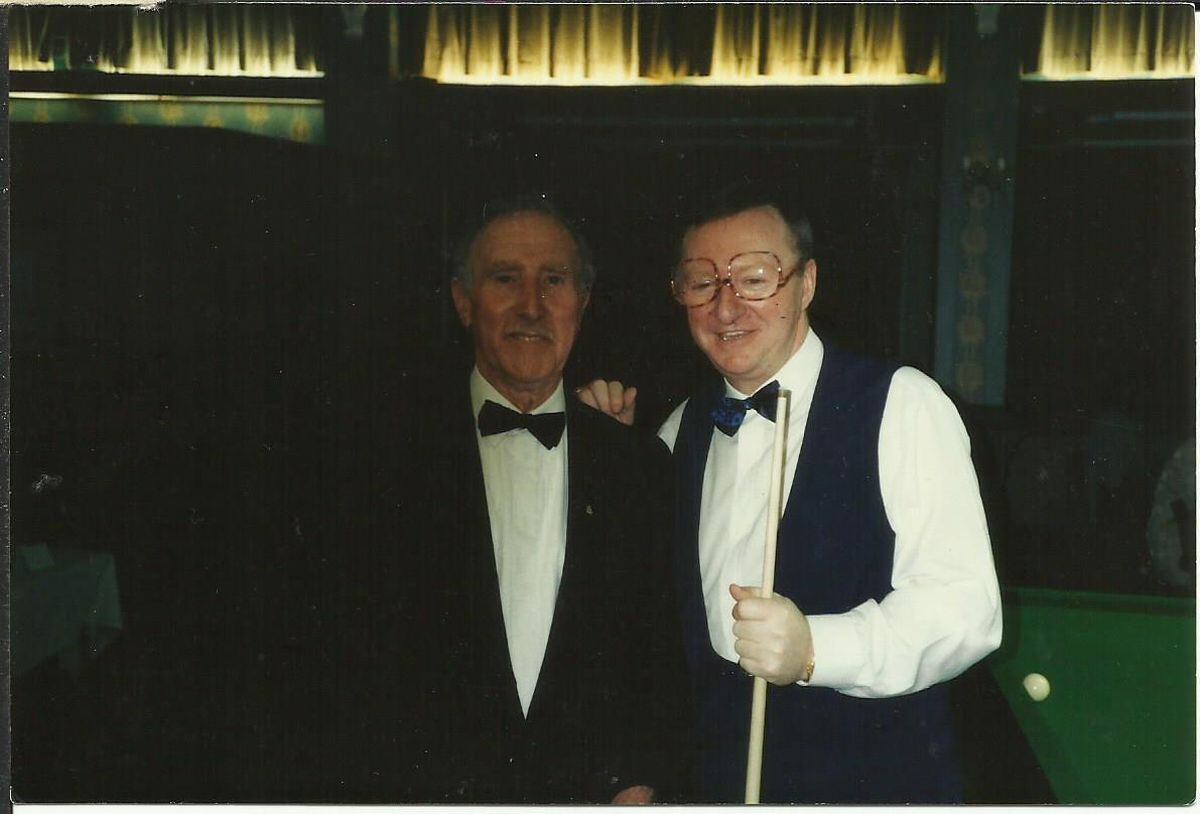 Geoffrey Harrington working as snooker referee. Pictured with Dennis Taylor.