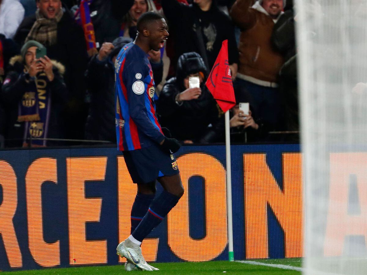 Ousmane Dembele celebrates after scoring in Barcelona's win over Real Sociedad