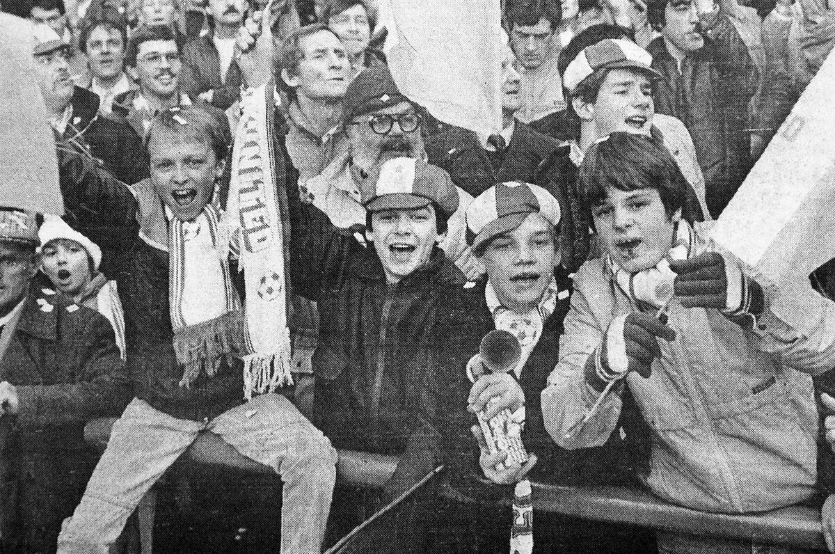 Some of the Telford United fans at Goodison Park on Saturday, February 16, 1985, to watch Telford United play a historic FA Cup Fifth Round match against Everton. Telford lost 3-0.  