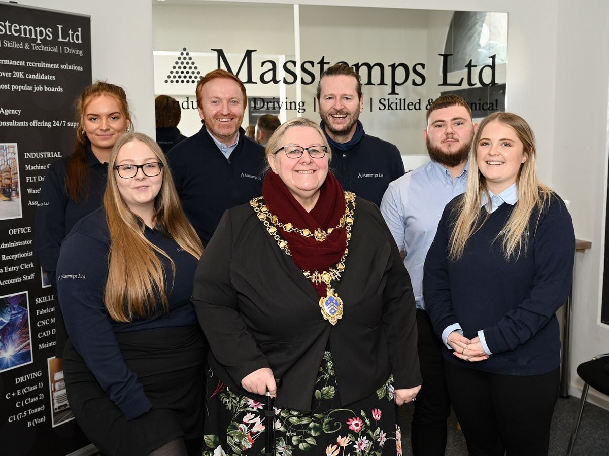 Masstemps staff members Emma Catchpole, Andy Jay, Ian Bowen, Jay Williams, Georgia Burgess and Charlotte Hill are pictured with the Mayor of Kidderminster, Councillor Juliet Smith