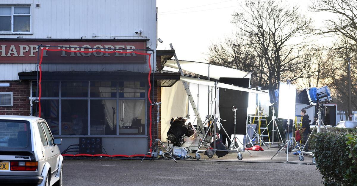 Filming taking place at the Coach and Horses pub in West Bromwich, for the new Steven Knight drama This Town. The pub has been renamed The Happy Trooper for the show...