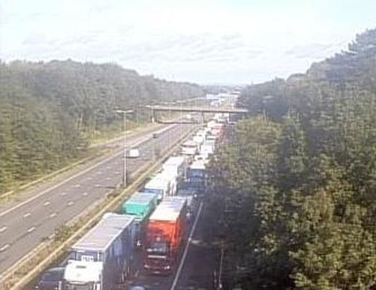 Traffic queueing 10 miles behind the crash in Staffordshire at 9.30am. Photo: Highways England