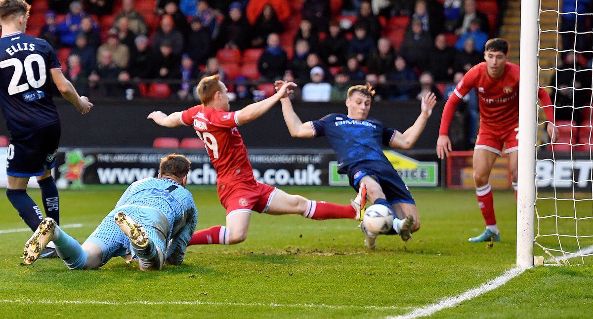 A close chance for the Saddlers to equalise through Danny Johnson