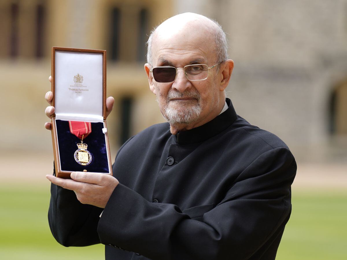 Sir Salman Rushdie after being made a Companion of Honour by the Princess Royal