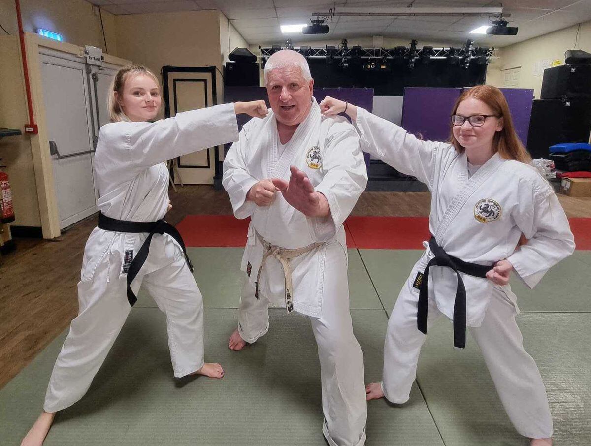 Lola and Ava Daniels with Sensei Steve Lakin at Stafford Shotokan Karate Club